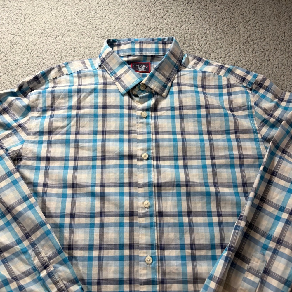 UNTUCKit Graciano WF Mens XL Blue Plaid Wrinkle Free Cotton Button Down Shirt